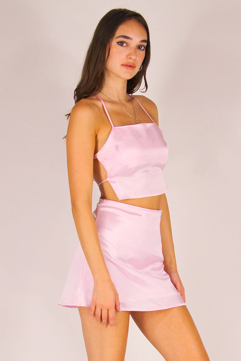Backless Crop Top and Skirt - Pink Satin