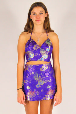 Bralette and Skirt - Purple Satin with Flowers