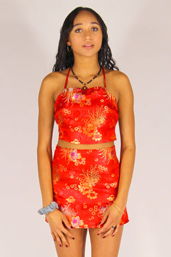 Backless Crop Top and Skirt - Red Satin with Flowers