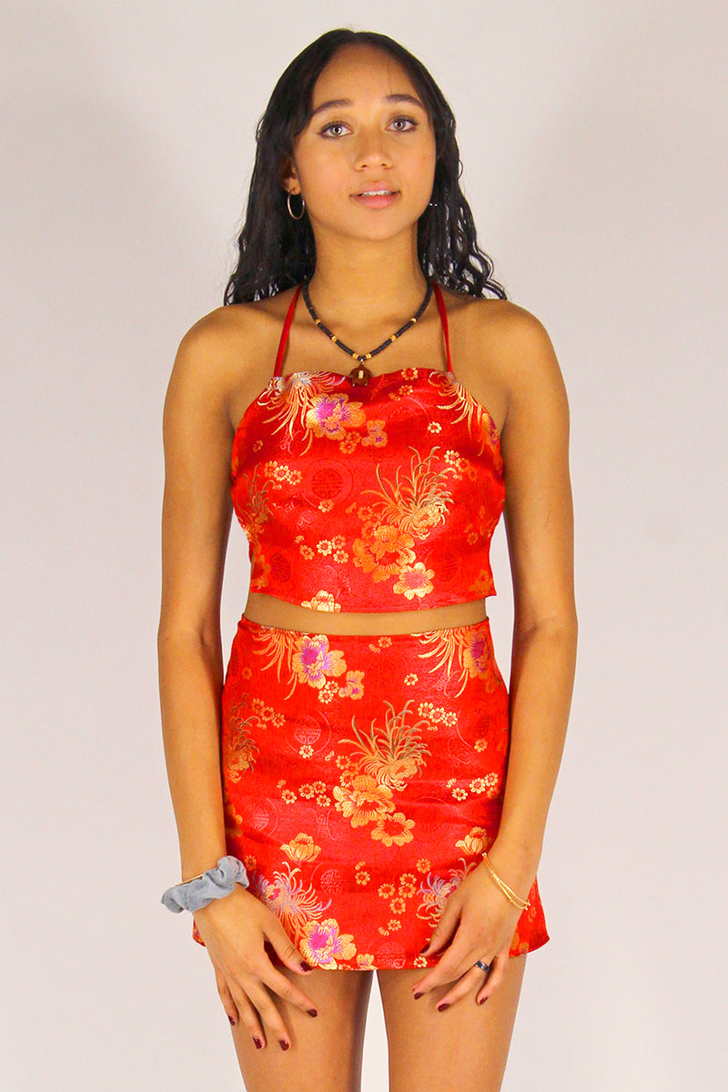 Backless Crop Top and Skirt - Red Satin with Flowers