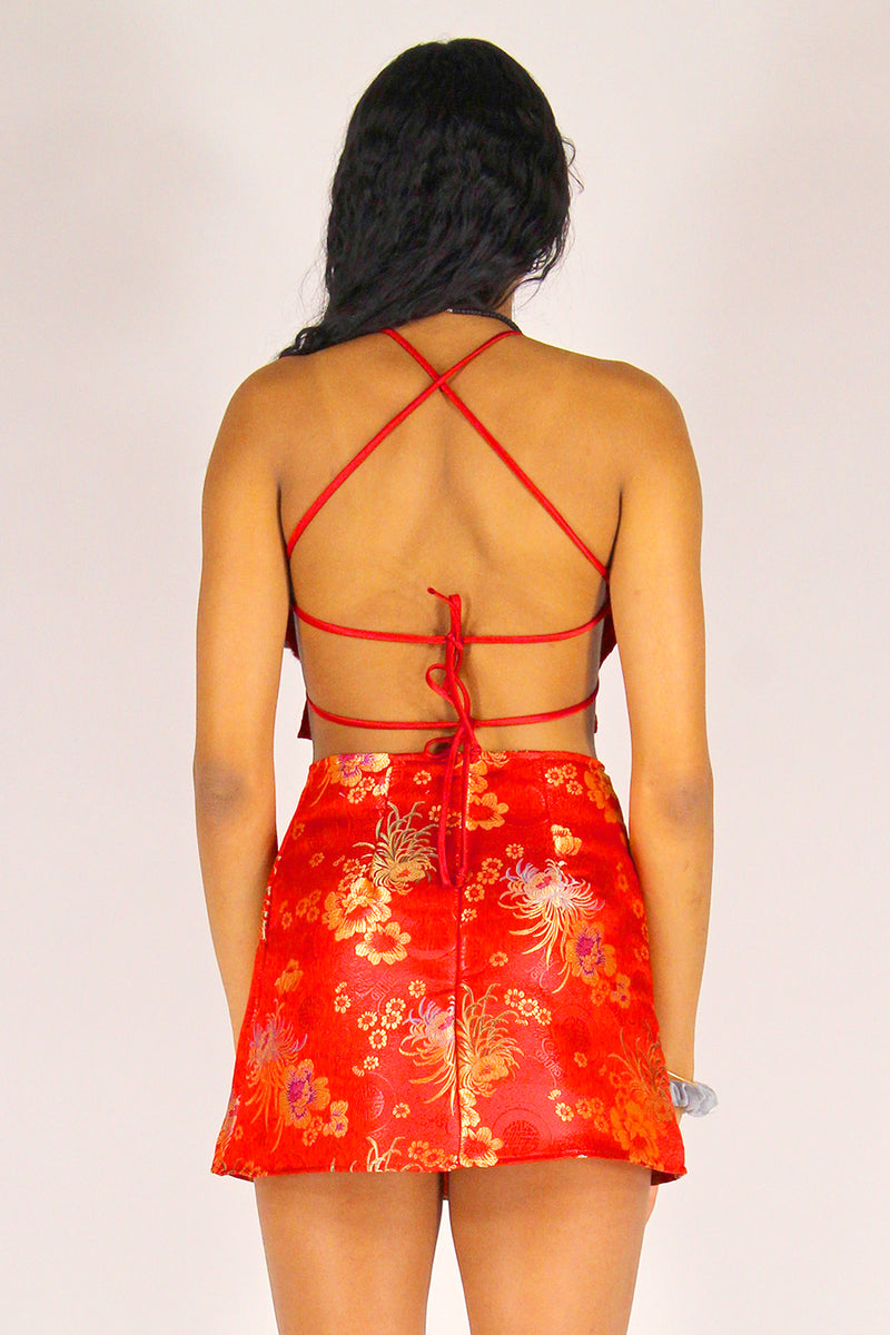 Backless Crop Top - Red Satin with Flowers