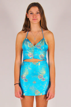 Bralette Crop Top - Turquoise Satin with Flowers