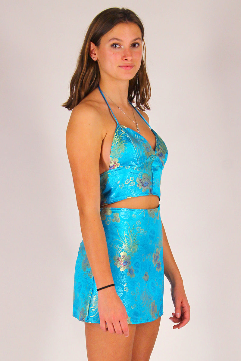 Bralette Crop Top - Turquoise Satin with Flowers