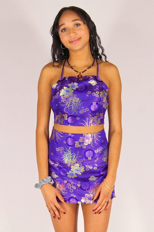 Backless Crop Top and Skirt - Purple Satin with Flowers