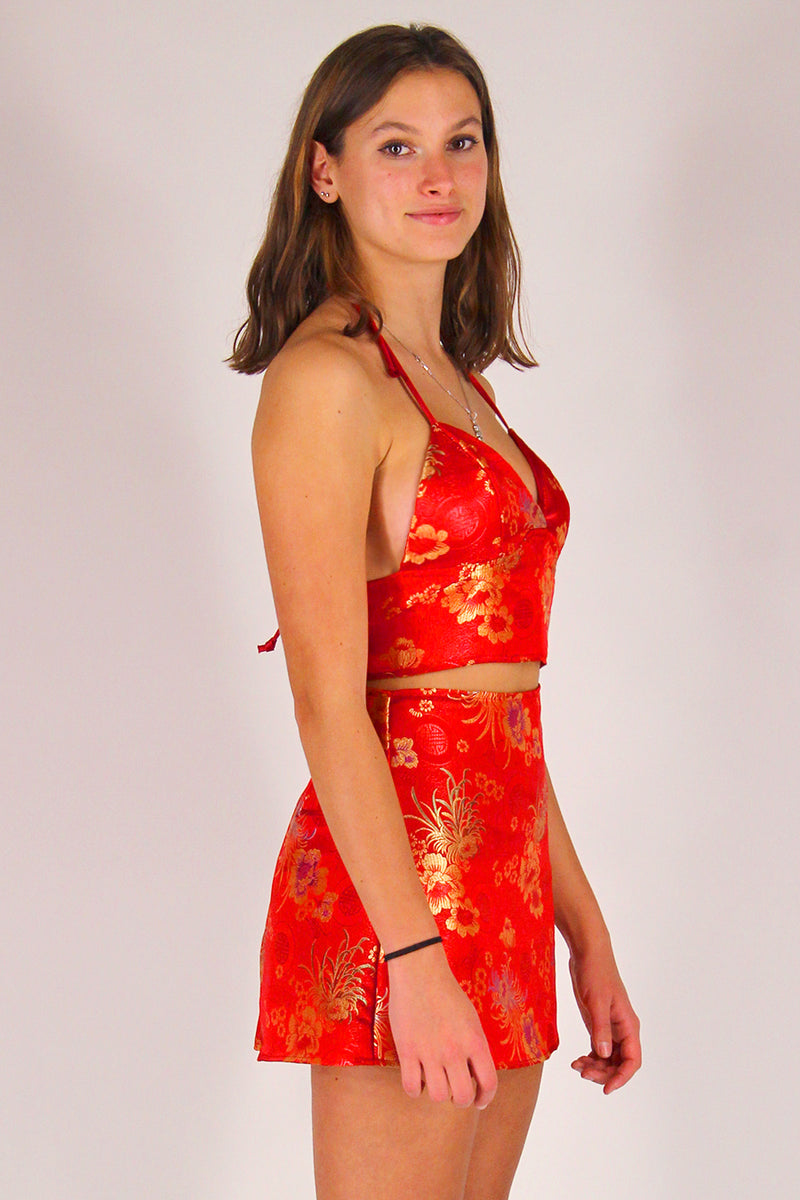 Bralette and Skirt - Red Satin with Flowers