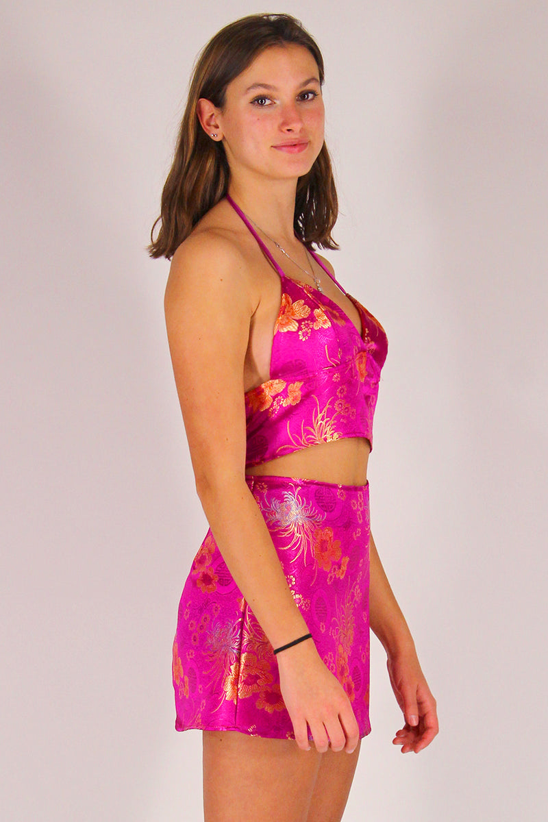 Bralette and Skirt - Fuchsia Satin with Flowers