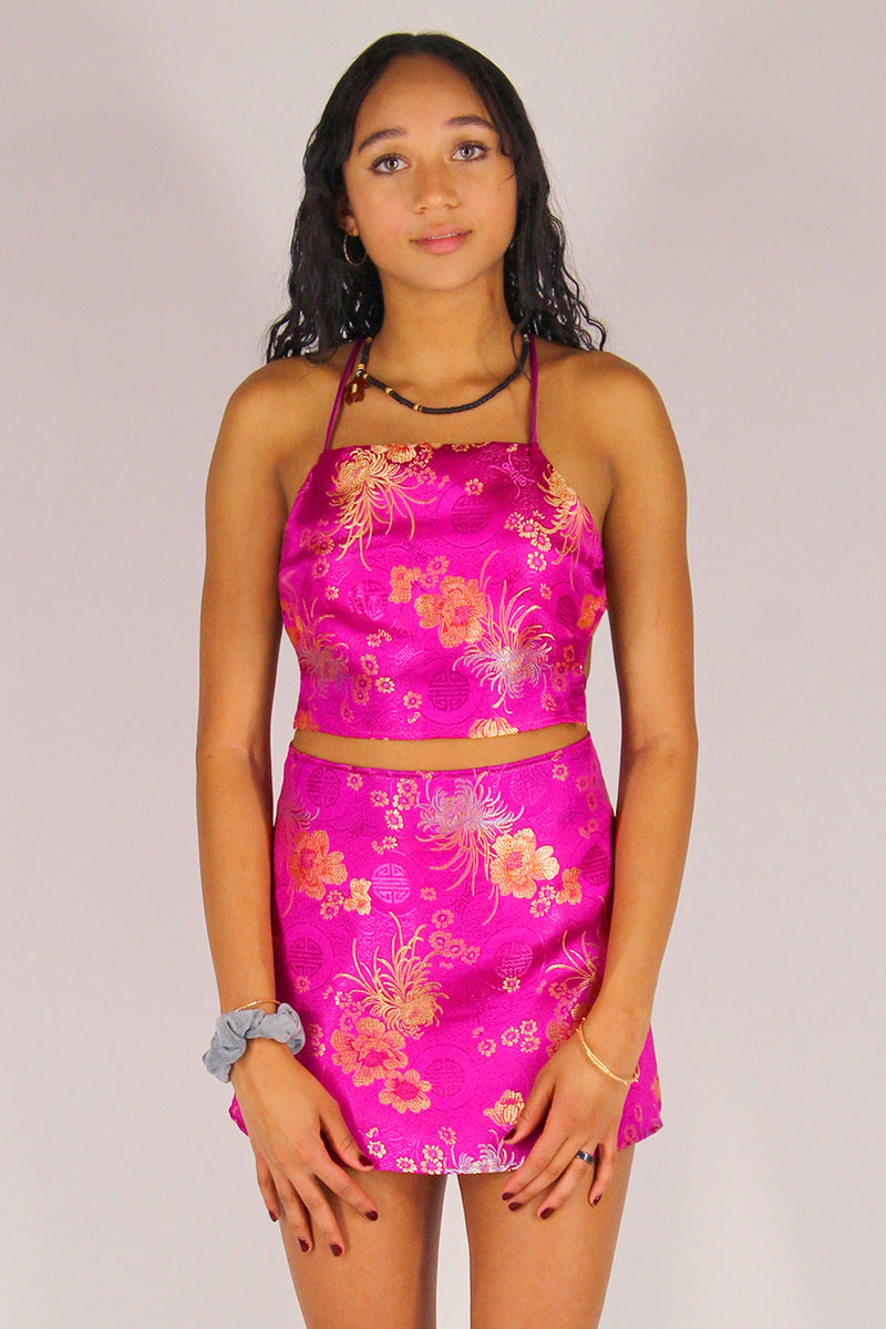 Backless Crop Top - Fuchsia Satin with Flowers