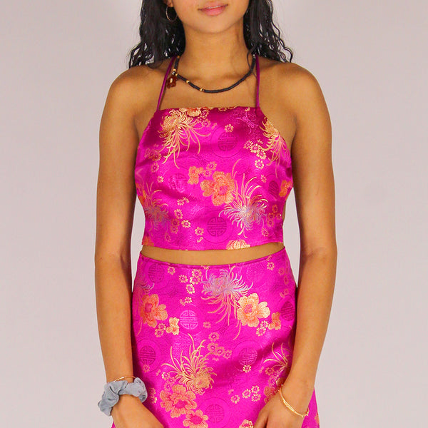 Backless Crop Top and Skirt - Fuchsia Satin with Flowers – purrrshop
