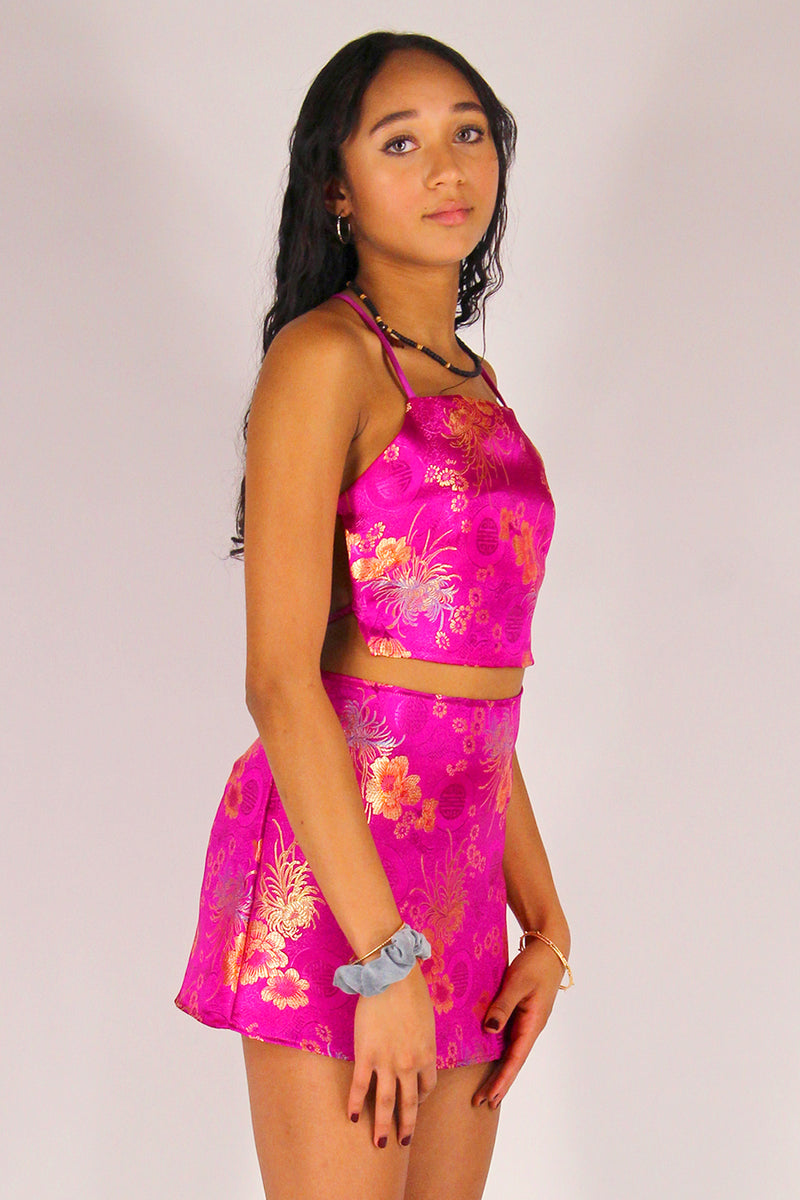 Backless Crop Top and Skirt - Fuchsia Satin with Flowers