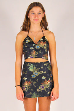 Bralette and Skirt - Black Satin with Flowers