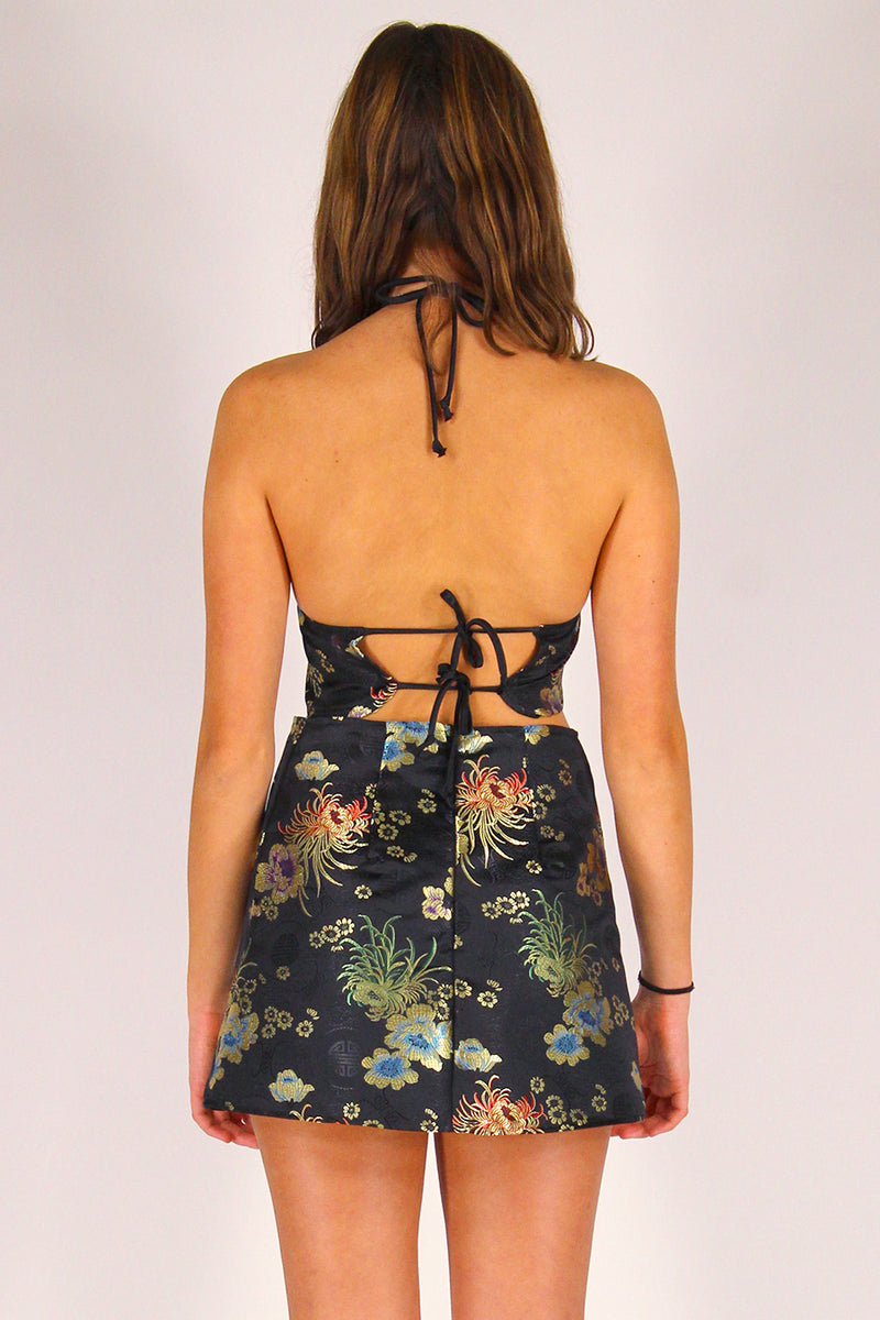 Bralette and Skirt - Black Satin with Flowers