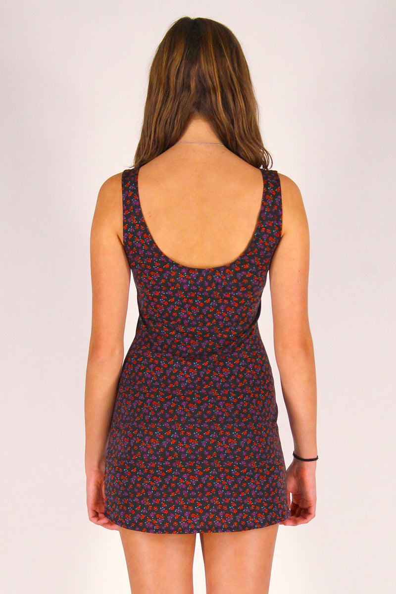 Tank Dress - Stretchy Black with Red Floral