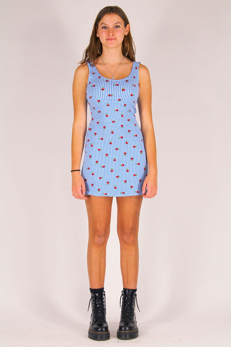 Tank Dress - Stretchy Blue Checker with Roses