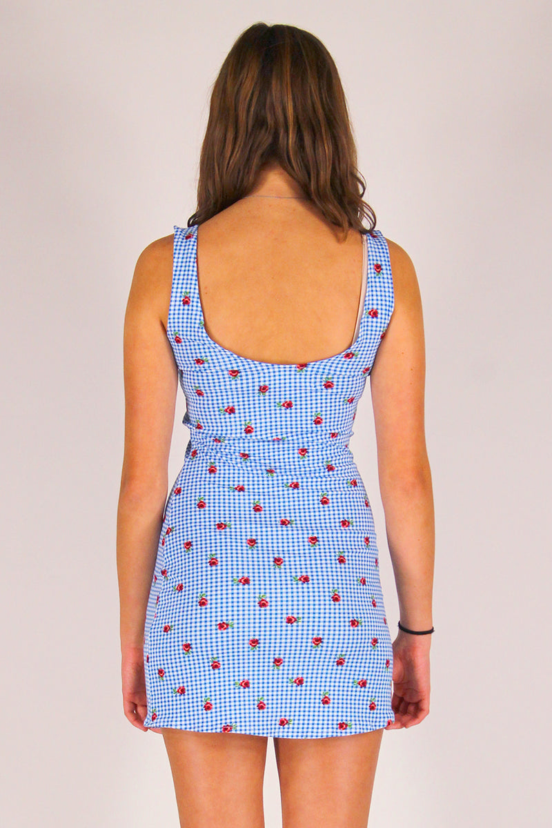Tank Dress - Stretchy Blue Checker with Roses