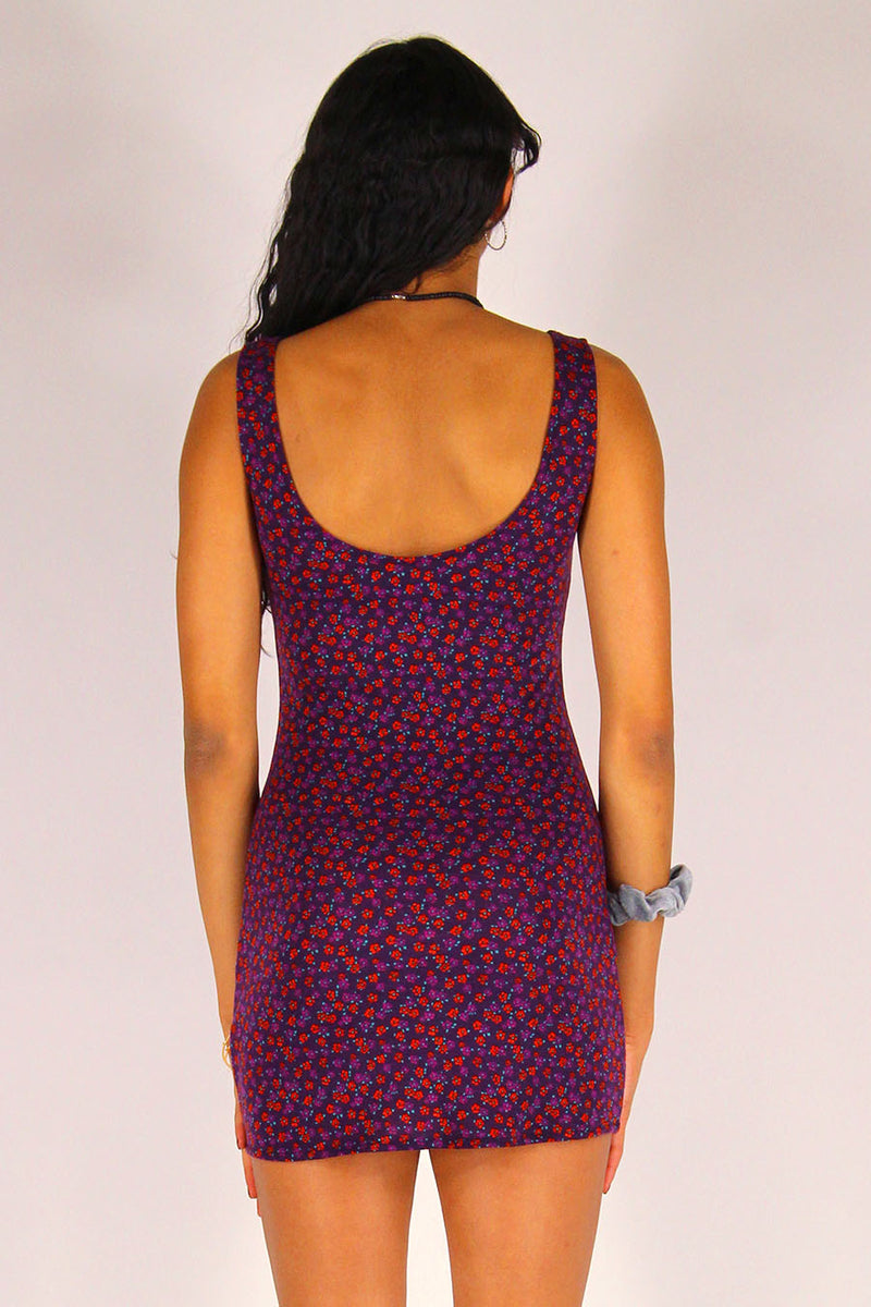 Tank Dress - Stretchy Purple with Red Floral