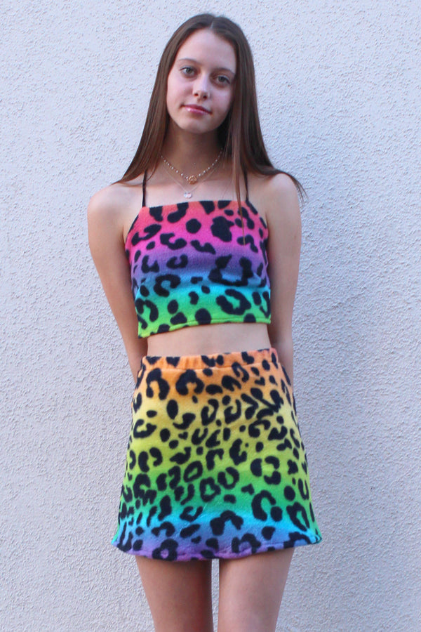 Backless Crop Top and Skirt - Fleece with Multi Color Leopard Print