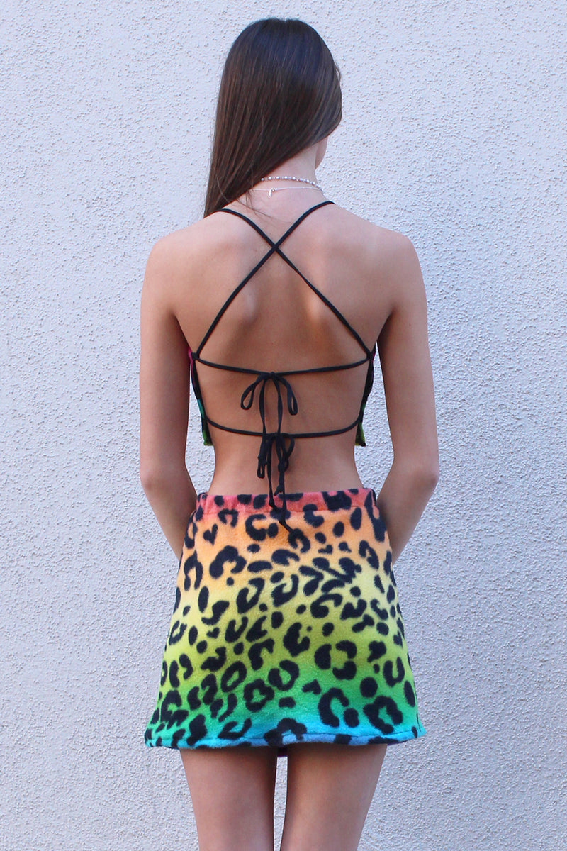 Backless Crop Top and Skirt - Fleece with Multi Color Leopard Print