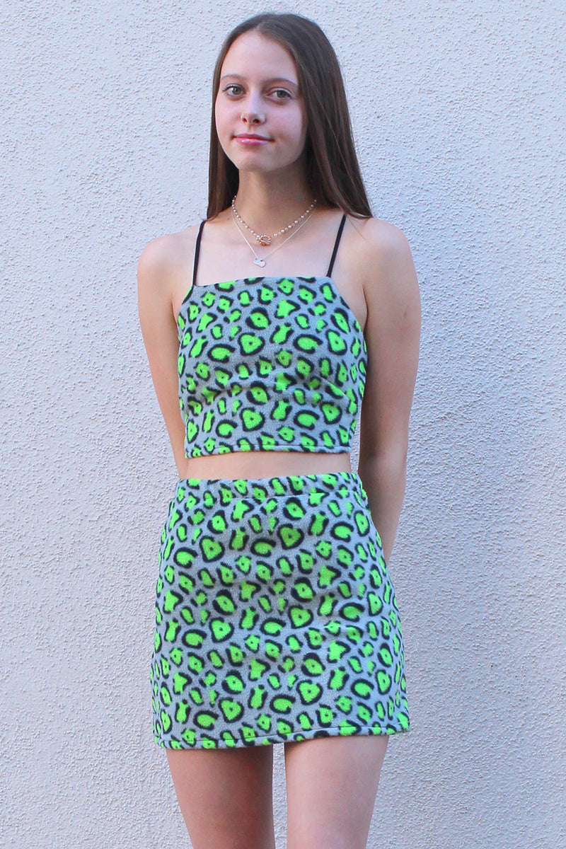 Backless Crop Top and Skirt - Fleece with Green Leopard Print