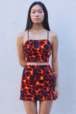 Backless Crop Top and Skirt - Fleece with Fire Print