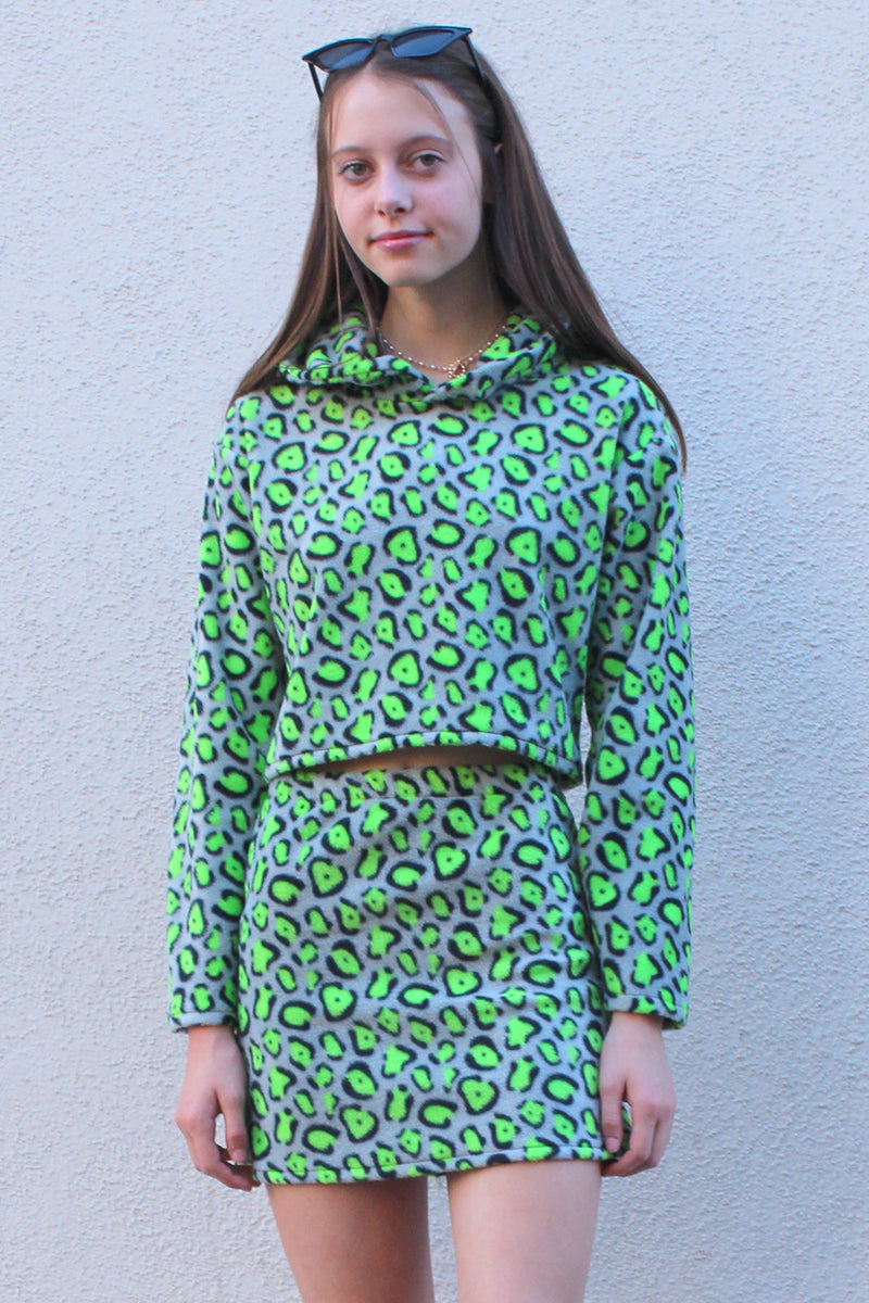 Hoodie and Skirt - Fleece with Green Leopard Print