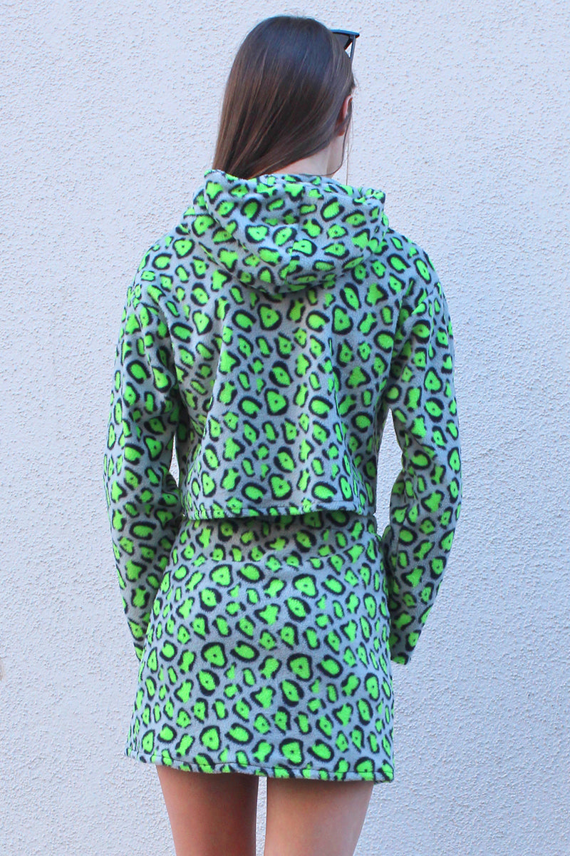 Hoodie - Fleece with Green Leopard Print