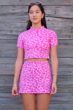 Turtle Neck Crop Top - Fleece with Pink Leopard Print