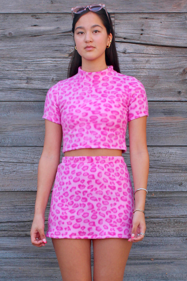 Turtle Neck Crop Top - Fleece with Pink Leopard Print