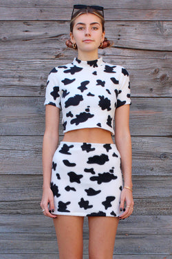 Turtle Neck Crop Top - Fleece with Cow Print