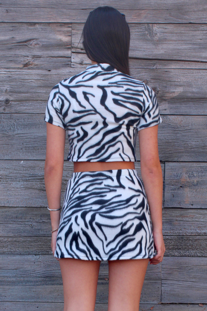 Turtle Neck Crop Top - Fleece with Zebra Print