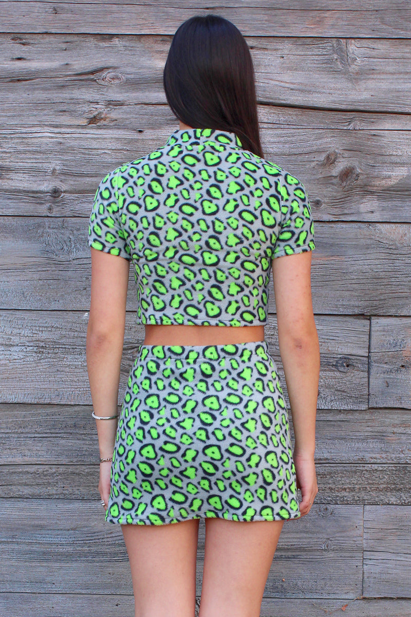 Turtle Neck Crop Top - Fleece with Green Leopard Print