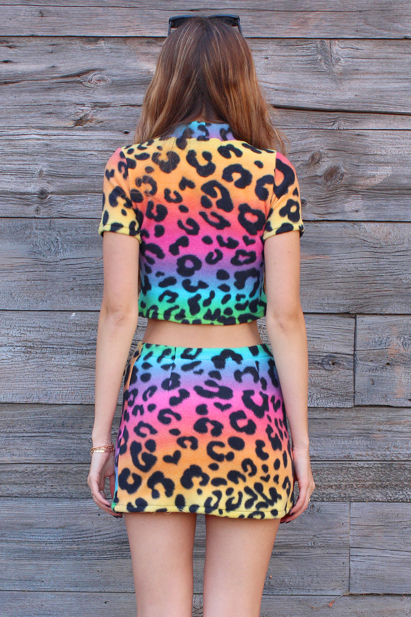 Turtle Neck Crop Top - Fleece with Multi Color Leopard Print