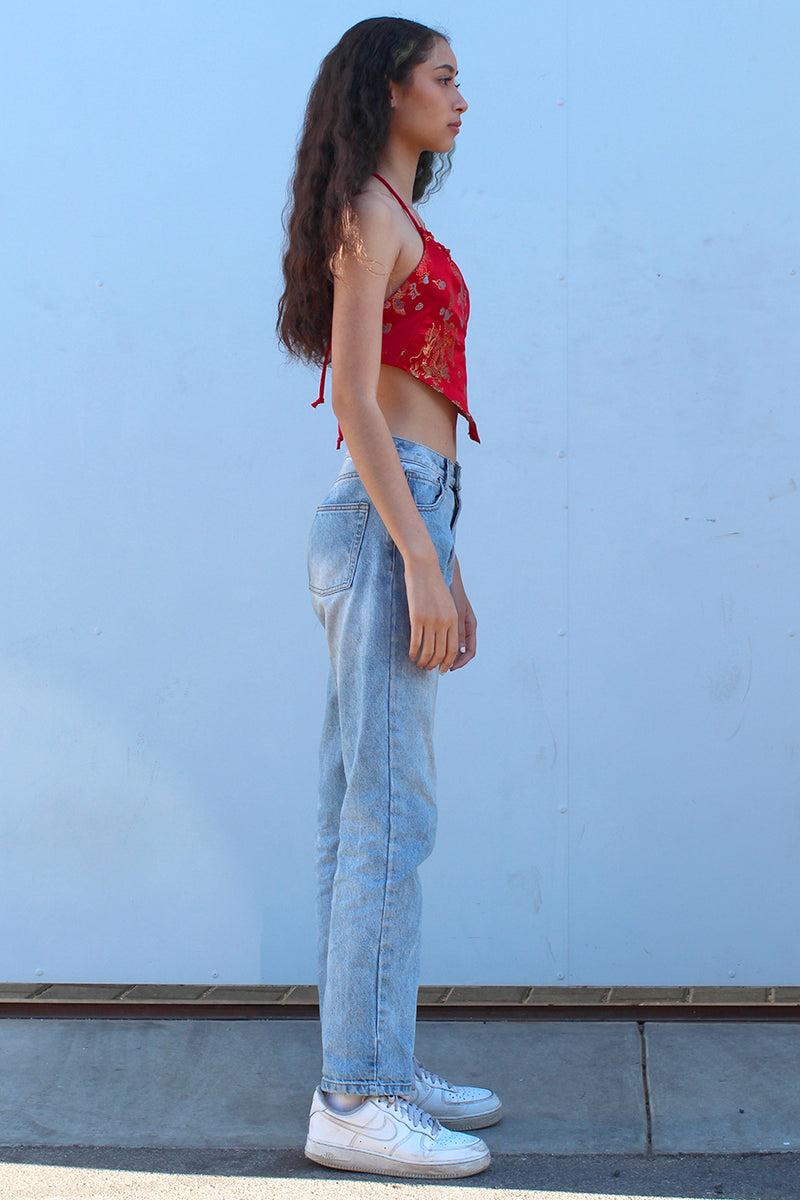 Backless Triangle Top - Red Satin with Dragons