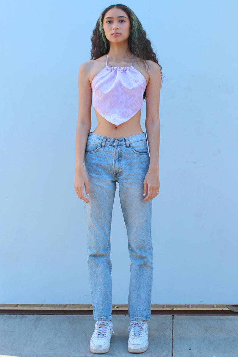 Backless Triangle Top - Lavender Satin with Flowers