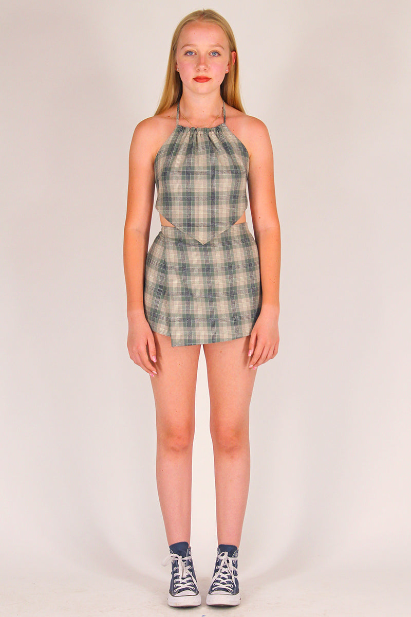 Backless Triangle Top - Green Beige Plaid