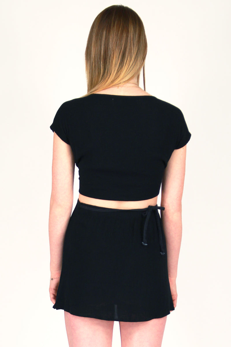 Front Tie Shirt and Wrap Skirt - Scrunchy Black