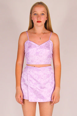 Adjustable Cami Top and Skorts - Lavender Satin with Roses