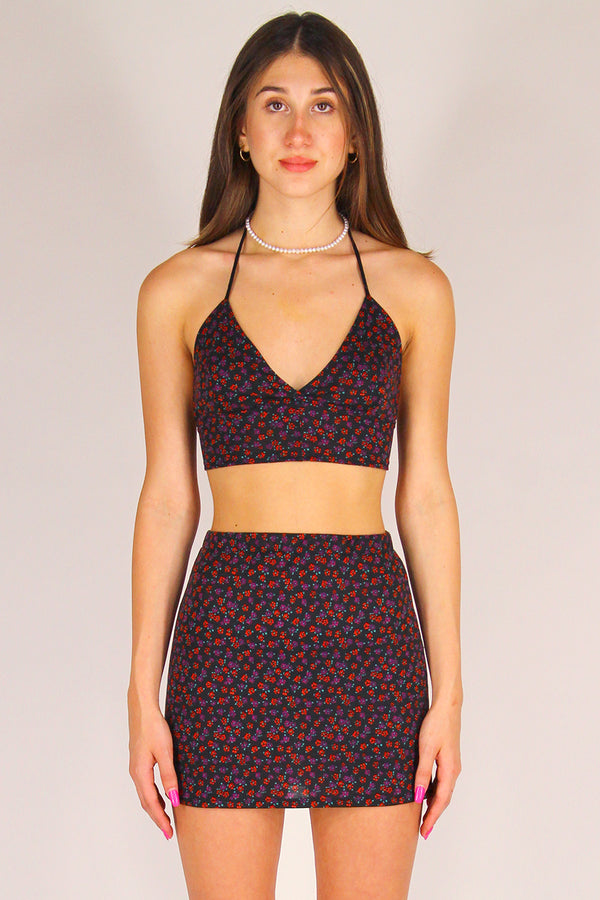 Bralette and Skirt - Stretchy Black with Red Floral
