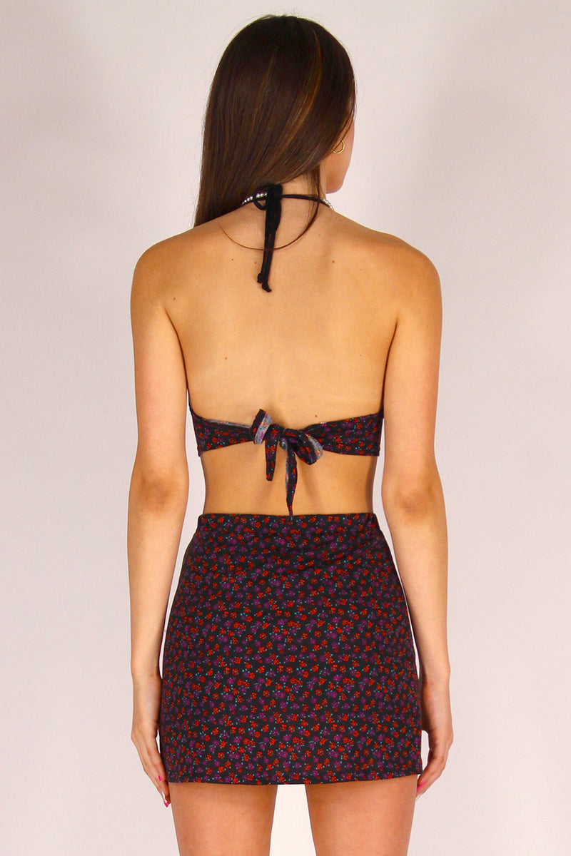Bralette and Skirt - Stretchy Black with Red Floral