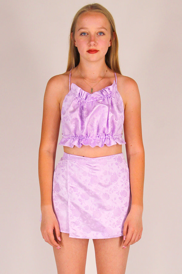 Backless Ruffle - Lavender Satin with Roses