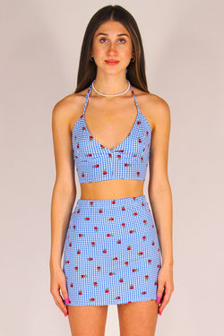 Bralette - Stretchy Blue Checker with Roses