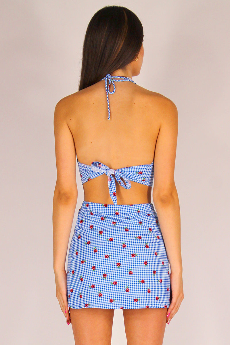 Skirt - Stretchy Blue Checker with Roses