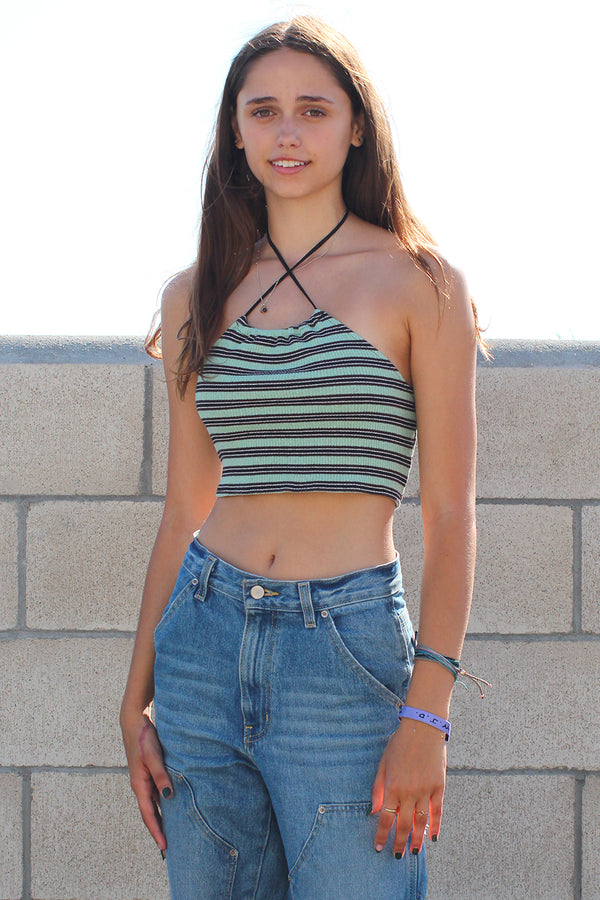 Cross Halter Top - Stretchy Green with Stripes