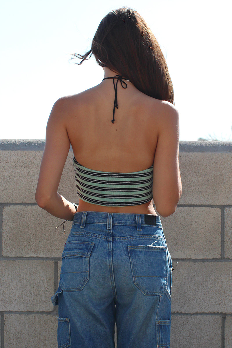 Cross Halter Top - Stretchy Green with Stripes