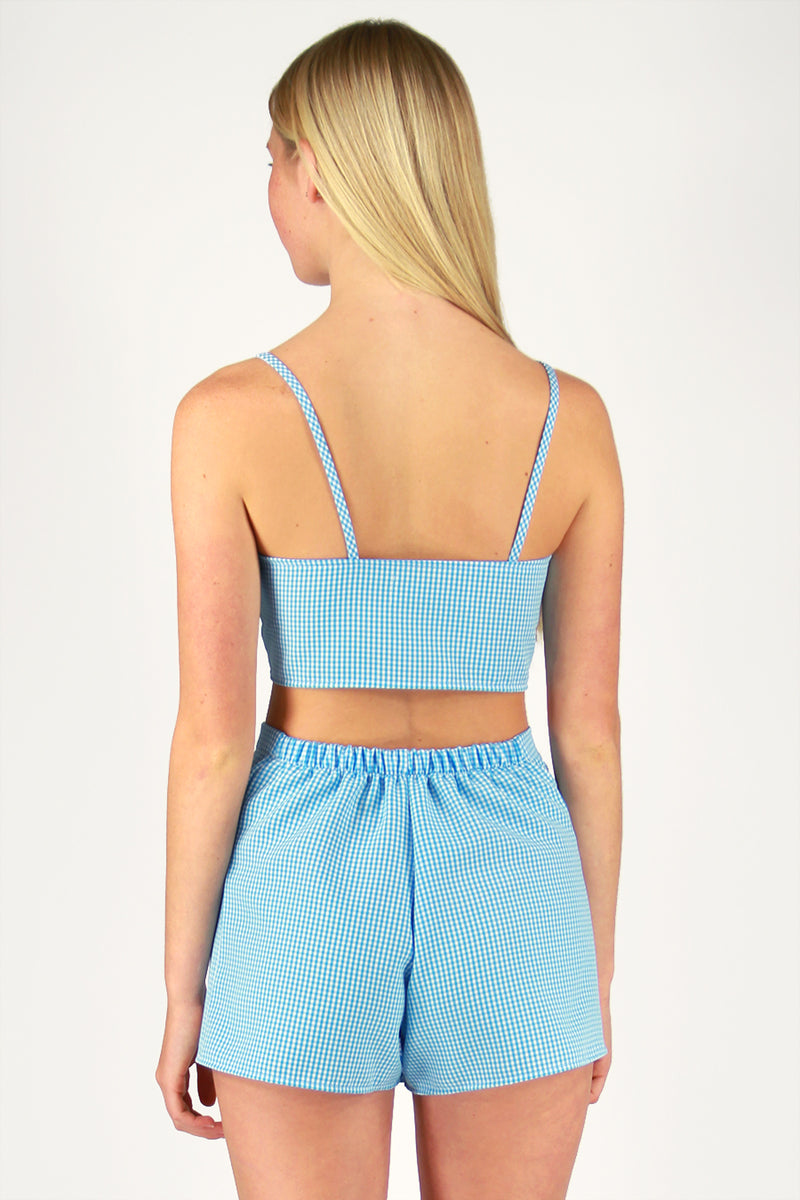 Front Tie Bralette and Skorts - Baby Blue Gingham
