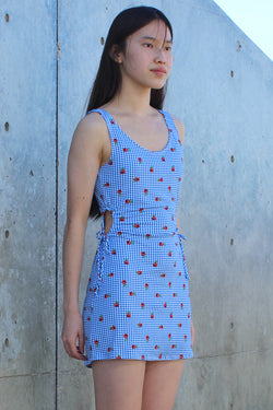 Cut Out Tank Dress - Stretchy Blue Checker with Roses