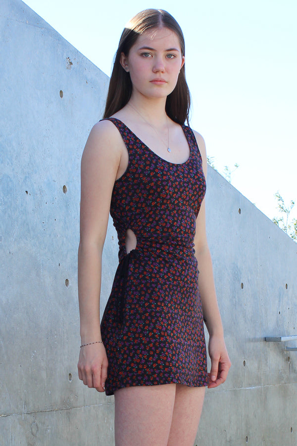 Cut Out Tank Dress - Stretchy Black with Red Floral