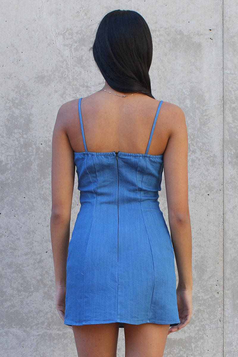 Denim Fitted Square Strap Dress