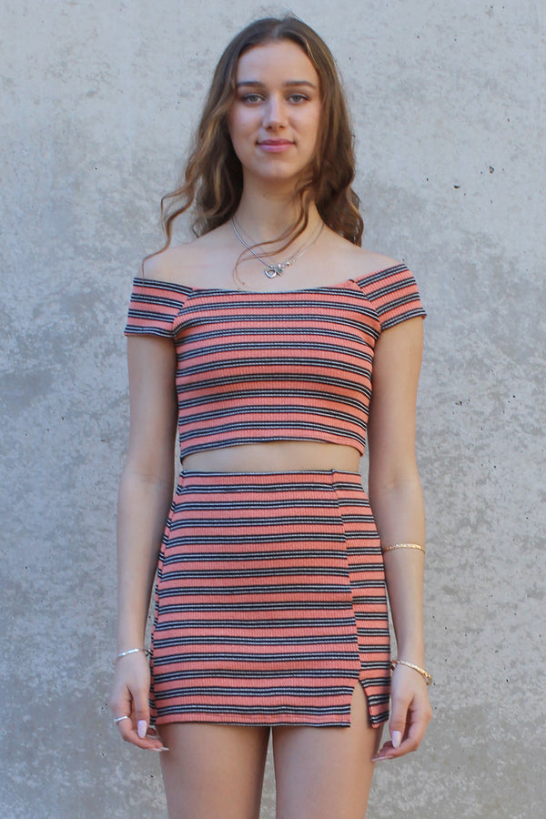 Off Shoulder Crop Top and Skirt - Stretchy Orange Stripe