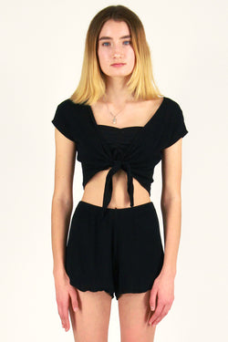 Front Tie Shirt and Shorts - Black Scrunchy