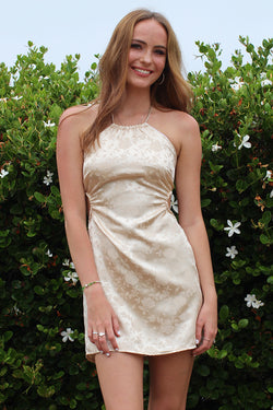 Cut-out Halter Dress - Champagne Satin with Roses